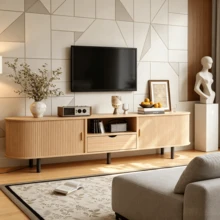 Modern TV Unit Measuring 175x40x55cm, Low Cabinet Type, With Rounded Design And Roll-Up Door, Made Of MDF, Load Capacity Up To 50 Kg, With Drawer And Open Compartments For Living Room, Natural Wood Color. - Natural Color - View 2