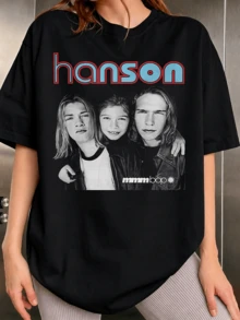 Hanson Mmmbop 90s Vintage Bootleg Oversized Black Tee With Curved Hanson Logo, Three Brothers Portrait, Mmmbop Star Graphic Unisex Top - Black - View 1