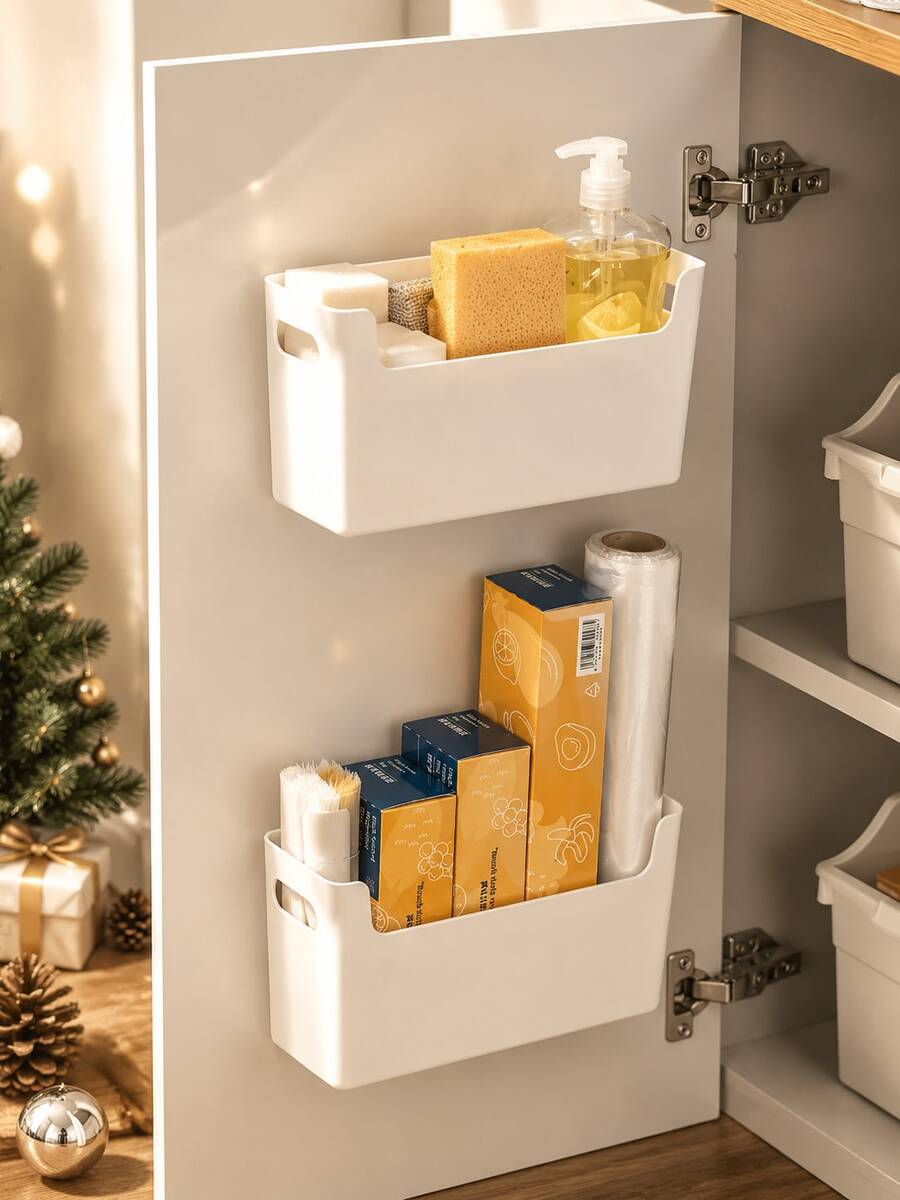 1 Pc Durable Punch-Free Plastic Storage Box, Simple Mountable Cabinet Door Organizer, Multi-Scene Storage Bin For Kitchen Gadgets, Bathroom Items,Beauty Tools & Office Accessories, Space Saver Household Supply,Perfect Gift For New Year Housewarming