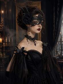 1pc Gothic Black Floral Feather Lace Mask With Beaded Tassels, Suitable For Halloween Costume Party - Black Flowers - View 1