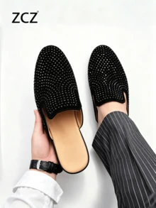 ZCZ Mocasines tipo mule de cuero para hombre, medias zapatillas negras sin cordones, zapatos planos minimalistas clásicos con punta puntiaguda y decoración de strass, adecuados para oficina/uso casual, todas las estaciones - Negro - Ver 2