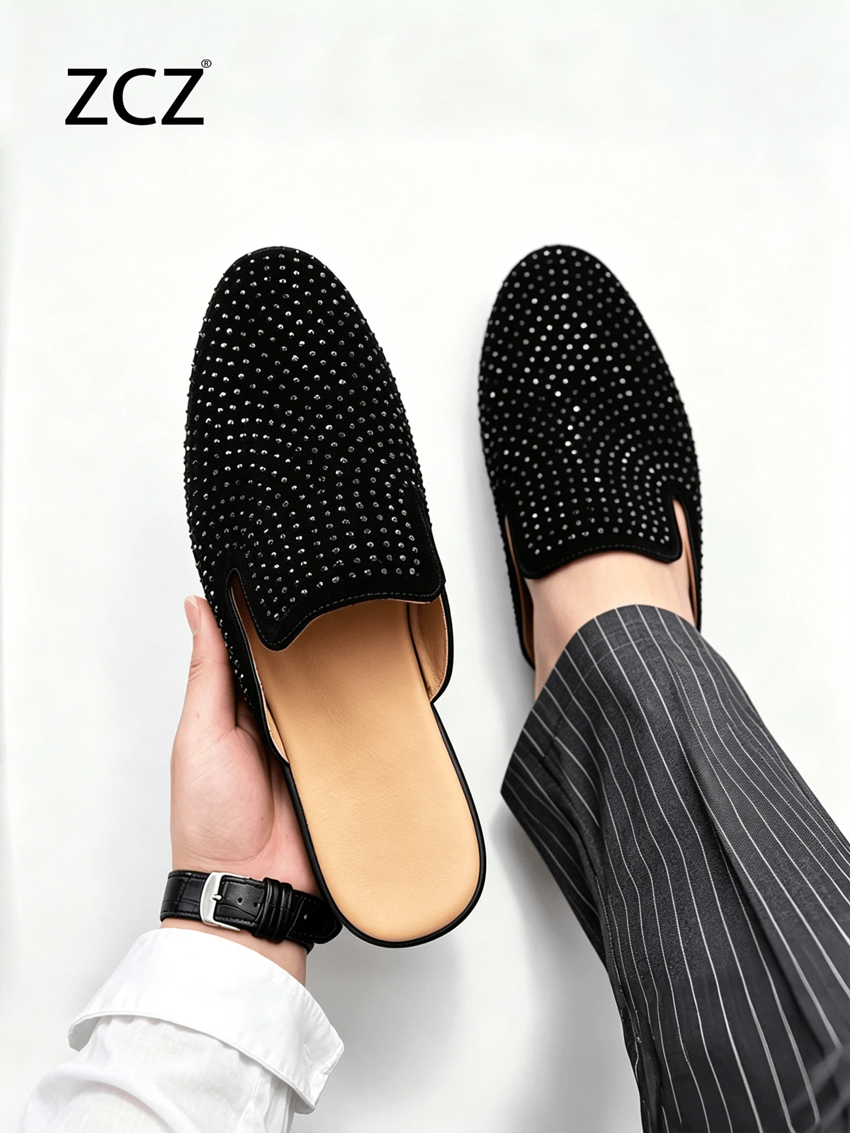 ZCZ Mocasines tipo mule de cuero para hombre, medias zapatillas negras sin cordones, zapatos planos minimalistas clásicos con punta puntiaguda y decoración de strass, adecuados para oficina/uso casual, todas las estaciones