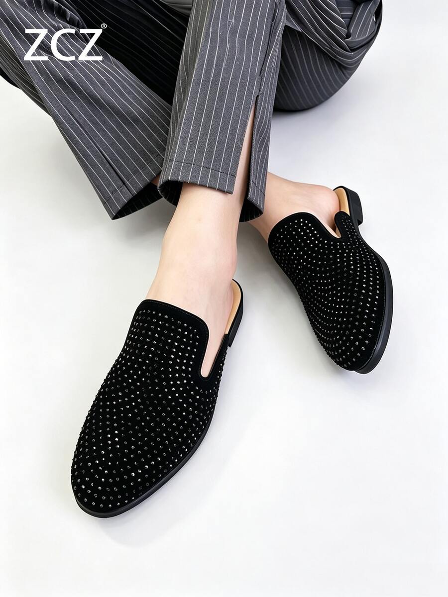 ZCZ Mocasines tipo mule de cuero para hombre, medias zapatillas negras sin cordones, zapatos planos minimalistas clásicos con punta puntiaguda y decoración de strass, adecuados para oficina/uso casual, todas las estaciones