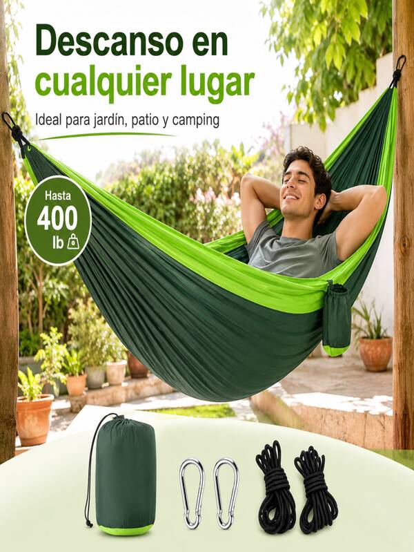 Hamaca Portátil de Camping 270 x 140 cm, Soporta hasta 400 lb, Incluye Bolsa de Transporte, 2 Cuerdas y 2 Mosquetones, Ideal para Jardín, Patio y Viajes