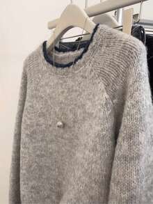 Sweater Lengan Panjang Raglan Leher Bulat dengan Trim Colorblock untuk Wanita Ukuran Plus, Pakaian Kasual Sehari-hari yang Penting 2026 - Grey - View 6