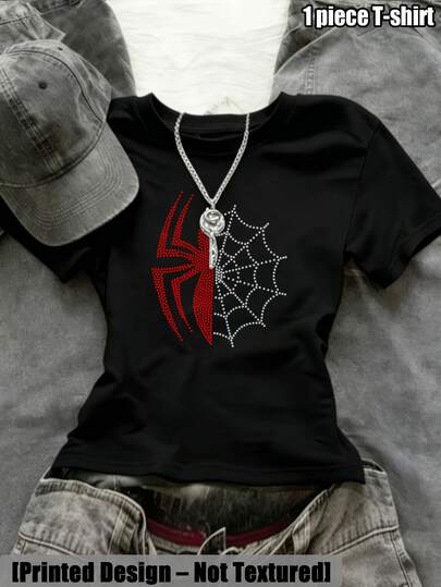 Camiseta entallada para mujer con estampado de media cara de araña y telaraña, manga corta tipo cropped, estilo urbano fresco y atrevido, para salidas casuales diarias, estilo de moda y vers