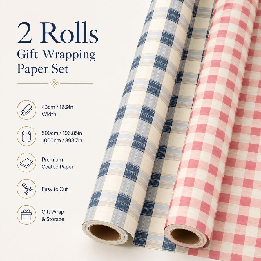 Minimalist Classic Style 2-Piece Mixed Color Square Coated Paper Plaid Print, With Textured Stripe Details, Decorative Gift Wrapping Paper Roll Set, Suitable For Birthday, Wedding, All Holidays And Year-Round Gift Box & Bouquet Wrapping - Plaid - View 1