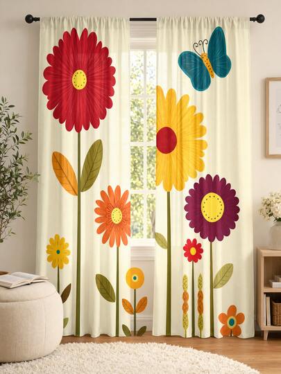 2pcs Colorful Minimalist Floral Pattern Semi-Sheer Bedroom Curtains, 90GSM Polyester Semi-Transparent Privacy Protection, Minimalist Cartoon Style Living Room Curtains, Kitchen Curtains, Suitable For Home, Room, Kitchen Partition Or Decoration, Rod Pocket Design Easy Installation, Quick Dry, Water-Resistant, Non-Fading, Lightweight Removable Washable Curtains
