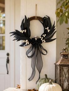 1pc Halloween Black Vine Wreath, Skull Rose Door Hanging, Black Leaf Door Decor, Woven Round Wreath, Gothic Style Door Ring, Front Door Hanging Decoration, Entryway Wall Hanging, Halloween Porch Decoration, Skull Wreath, Black Rose Decor, White Berry Accents, Gauze Ribbon Bow Hanging Decoration, Party Photo Prop, Suitable For Front Door, Living Room, Fireplace, Wall, Windowsill, Display Window, Coffee Corner, Restaurant, Office, Party Table, Halloween Holiday Decoration, Can Be Used For Doorway Welcome Decoration, Indoor Wall Hanging - Gothic Style Ornament C - View 8