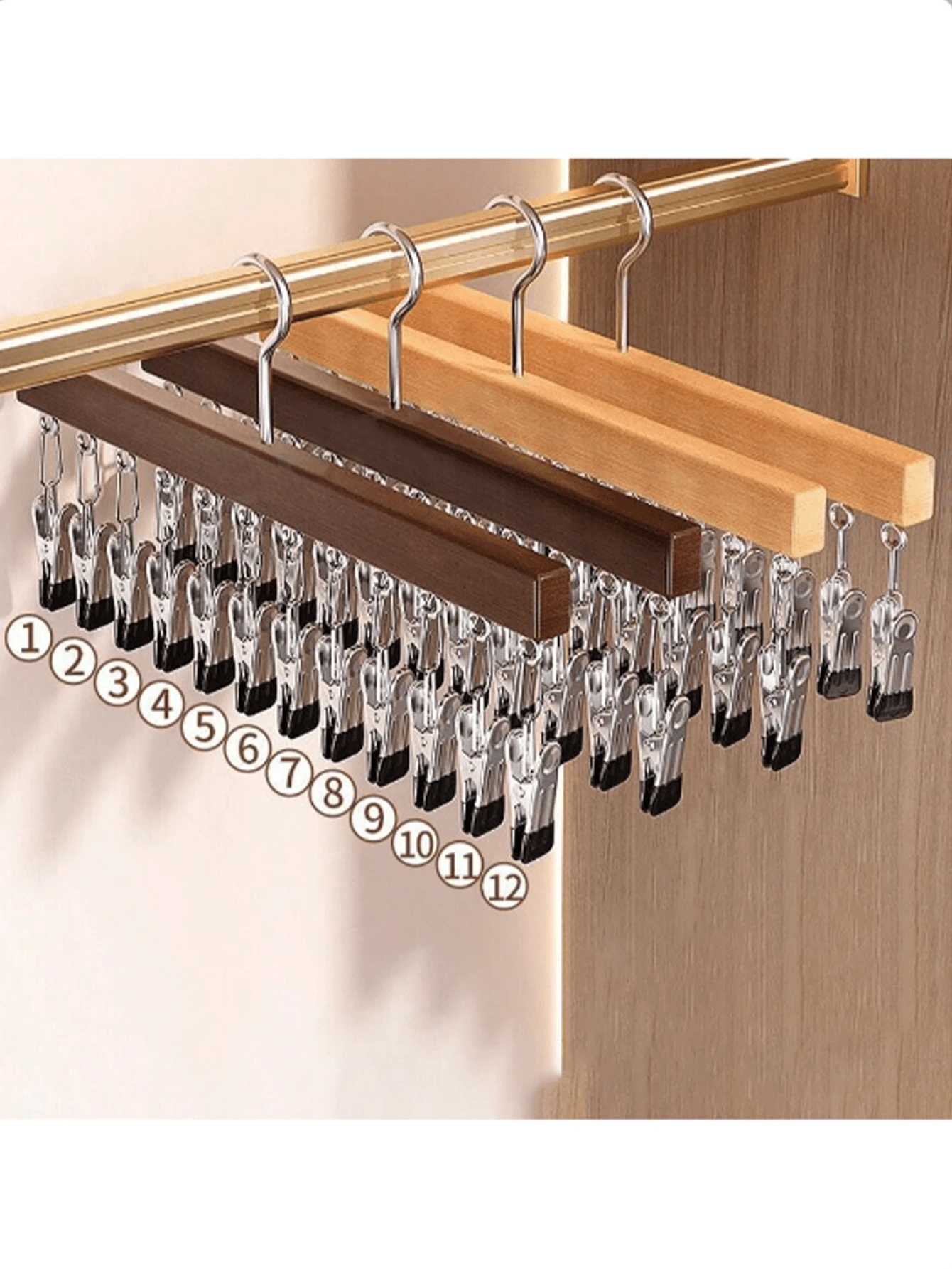 1 12-Clip Wooden Hat Rack, Clothes Drying Rack, Suitable For Underwear, Ties, Camisoles, Scarves, Belts, Home Storage And Organization Rack, Suitable For Bathroom, Bedroom, Closet, Wardrobe, Home, Dormitory, Simple Spring Style, Summer Tops - Silver - View 1