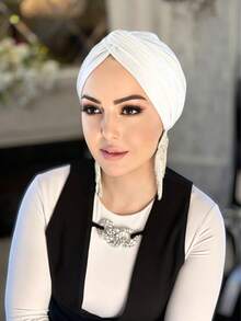 1 pièce Bonnet intérieur de hijab turban unicolore à enfiler instantanément - Blanc - Voir 1