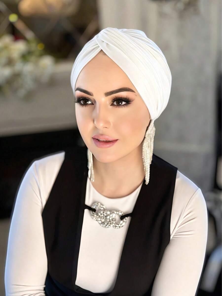 1 pièce Bonnet intérieur de hijab turban unicolore à enfiler instantanément - Blanc - Voir 1