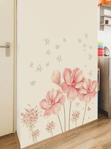 1pc Warm Romantic Pink Magnolia Flower & Butterfly Wall Decal Sticker, Removable Room Decor For Bedroom, Living Room, Entryway - 1PC - View 4
