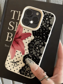 1pc White Polka Dot Red Flower Lace Minimalist Personalized TPU Shockproof Full Coverage Phone Case Compatible With Apple 17 16 15 14 13 12 11 Pro Max Air And Series - Multicolor - View 2