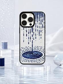 1pc Lychee Texture 3D Embroidered Blue Raindrop Water Ripple Print Phone Case, Cool Healing Chinese Style Embroidery Art Fashion Shockproof Protective Cover Compatible With IPhone 17/16/15/14/13/12/11/Pro/Pro Max/Plus, Suitable As Gift For Couples, Family And Friends - Black - View 2