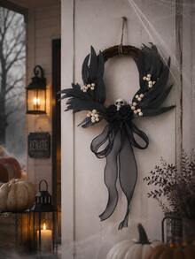 1pc Halloween Black Vine Wreath, Skull Rose Door Hanging, Black Leaf Door Decor, Woven Round Wreath, Gothic Style Door Ring, Front Door Hanging Decoration, Entryway Wall Hanging, Halloween Porch Decoration, Skull Wreath, Black Rose Decor, White Berry Accents, Gauze Ribbon Bow Hanging Decoration, Party Photo Prop, Suitable For Front Door, Living Room, Fireplace, Wall, Windowsill, Display Window, Coffee Corner, Restaurant, Office, Party Table, Halloween Holiday Decoration, Can Be Used For Doorway Welcome Decoration, Indoor Wall Hanging - Gothic Style Ornament C - View 11
