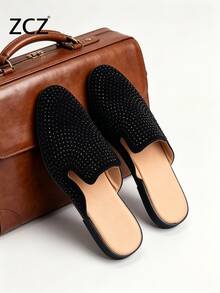 ZCZ Mocasines tipo mule de cuero para hombre, medias zapatillas negras sin cordones, zapatos planos minimalistas clásicos con punta puntiaguda y decoración de strass, adecuados para oficina/uso casual, todas las estaciones - Negro - Ver 9