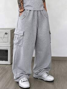 Autumn/Winter Men's Thermal Lined Wide Leg Cargo Sweatpants, Multi-Pocket Commuter Versatile Solid Color Sports Casual Long Pants - Grey - View 3