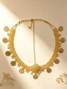 Diadema de Estilo Bohemio con Colgante de Flores y Strass, Disco Redondo y Cadena Multicapa para Mujeres, Adecuada para Bodas, Fiestas y Festivales - Dorado - Ver 7