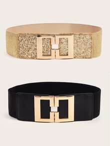 2pcs/Set Square Buckle Elastic Waist Belt, Suitable For All Kinds Of Coats And Skirts All Year Round Halloween, Gold Belt Summer, School Fall, Autumn, Halloween - Multicolor - View 8