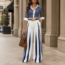 Women's Striped Co-Ord Set Business Casual Woman, Long Sleeve Top & Belted Wide-Leg Pants, Elegant Outfit For Business & Daily Wear (Belt Included) - Blue - View 5