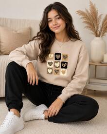 Conjunto moletom juvenil e infantil meninas coração onça blusa de frio e calça moletom premium - Bege - Visão 1