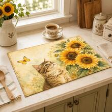 1pc Pet Sunflower Print Pattern Drainage Mat/Absorbent Mat/Drying Mat Coffee Machine Tableware Drying Mat - Absorbent Polyester Tabletop Protector With Rubber Non-Slip Backing, For Kitchen Countertop Decoration - Home Bar And Dining Table Placemat - Multicolor - View 2