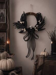 1pc Halloween Black Vine Wreath, Skull Rose Door Hanging, Black Leaf Door Decor, Woven Round Wreath, Gothic Style Door Ring, Front Door Hanging Decoration, Entryway Wall Hanging, Halloween Porch Decoration, Skull Wreath, Black Rose Decor, White Berry Accents, Gauze Ribbon Bow Hanging Decoration, Party Photo Prop, Suitable For Front Door, Living Room, Fireplace, Wall, Windowsill, Display Window, Coffee Corner, Restaurant, Office, Party Table, Halloween Holiday Decoration, Can Be Used For Doorway Welcome Decoration, Indoor Wall Hanging - Gothic Style Ornament C - View 3