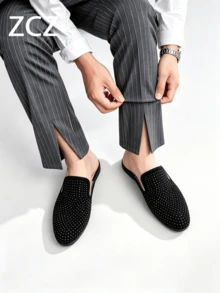 ZCZ Mocasines tipo mule de cuero para hombre, medias zapatillas negras sin cordones, zapatos planos minimalistas clásicos con punta puntiaguda y decoración de strass, adecuados para oficina/uso casual, todas las estaciones - Negro - Ver 5