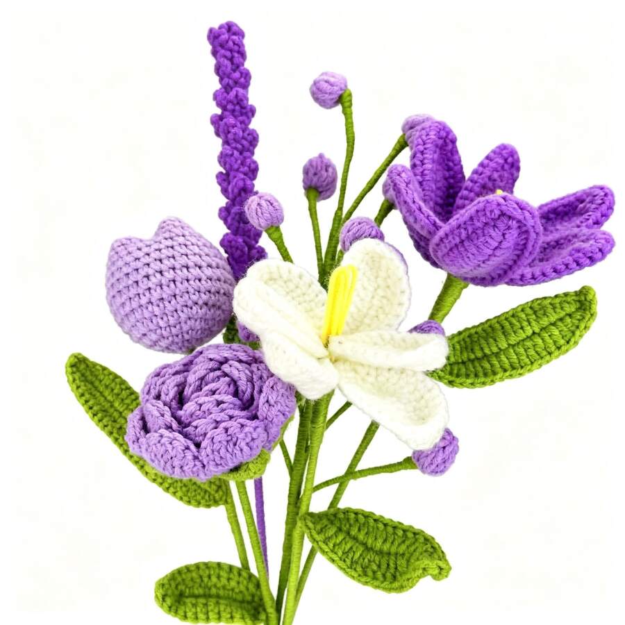 6pcs/Set Finished Handmade Crochet Flower Tulip Rose Lavender Snowberry Artificial Bouquet, Suitable For DIY Wrapping Knitted Flower Bouquet, Bedroom, Dining Room, Living Room, Dining Table Decoration Yarn Flower Artificial Flower, Best Gift For Valentine's Day, Mother's Day, Christmas, Thanksgiving, Birthday, Handmade Crochet Flower - Multicolor - View 1