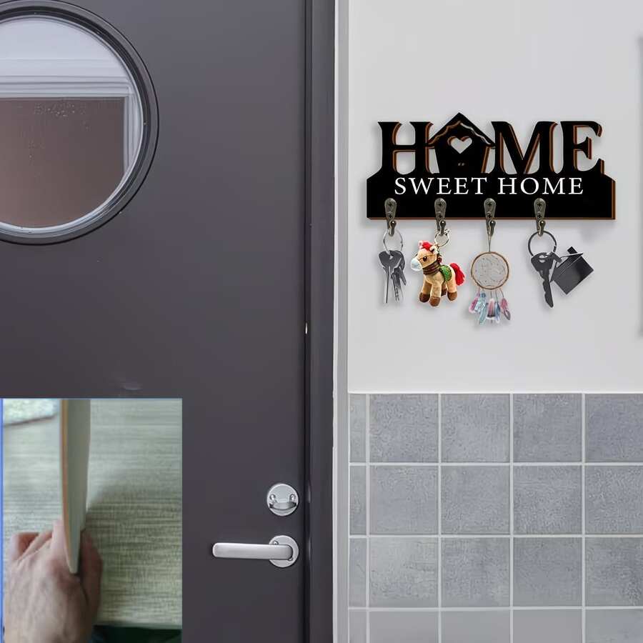 2D平面鑰匙掛鉤 1件裝 HOME Sweet Home 鑰匙架 木製鑰匙架 適用於玄關大門創意鑰匙收納 時尚居家裝飾掛式收納 鑰匙與信件收納架 木製牆面收納架 居家裝飾 - 黑色 - 查看 1