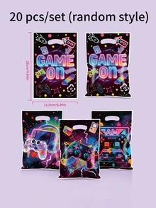 10/20/50 Paquet de sacs cadeaux thème jeu, sacs cadeaux manette de jeu graffiti néon, sacs d'emballage en plastique, décorations d'anniversaire, cadeaux de retour de mariage, cadeaux de baptême, sacs pour boutiques, décorations de fête, sacs de cadeaux de fête, styles aléatoires - Manette de jeu Neon - Voir 10