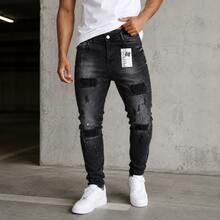 Men's Skinny Black Soccer Player Jeans With Elastane, Featuring A Distressed Effect, Rips, And Paint Splatters. Basic Fit. - Jogador/01 - View 4