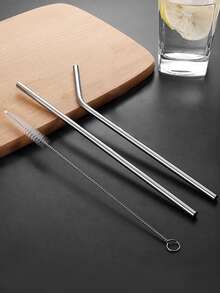 2件套不锈钢吸管套装奶茶咖啡饮料铁饮水吸管网吸管刷套装金属吸管，厨房，圣诞礼物返校，学校用品 - 銀色 - 查看 6