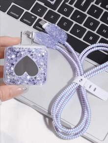 5件組愛心鏡片亮片設計TPU手機充電器保護殼，適用於18/20W Apple 16/15/14/13/12充電器，軟殼防刮防摔 - 紫色 - 查看 4