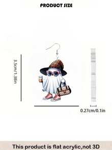 2D 平面時尚豹紋女巫帽幽靈垂墜耳環，壓克力哥德風搞怪萬聖節趣味珠寶禮物 - 豹紋帽幽靈 - 查看 3
