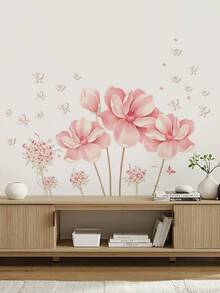 1pc Warm Romantic Pink Magnolia Flower & Butterfly Wall Decal Sticker, Removable Room Decor For Bedroom, Living Room, Entryway - 1PC - View 5