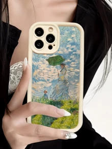 1件 白色女孩撐傘油畫個性化極簡全包覆TPU防震手機殼，適用於Apple 17 16 15 14 13 12 11 Pro Max Air及系列 - 彩色 - 查看 3