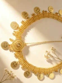 Diadema de Estilo Bohemio con Colgante de Flores y Strass, Disco Redondo y Cadena Multicapa para Mujeres, Adecuada para Bodas, Fiestas y Festivales - Dorado - Ver 9