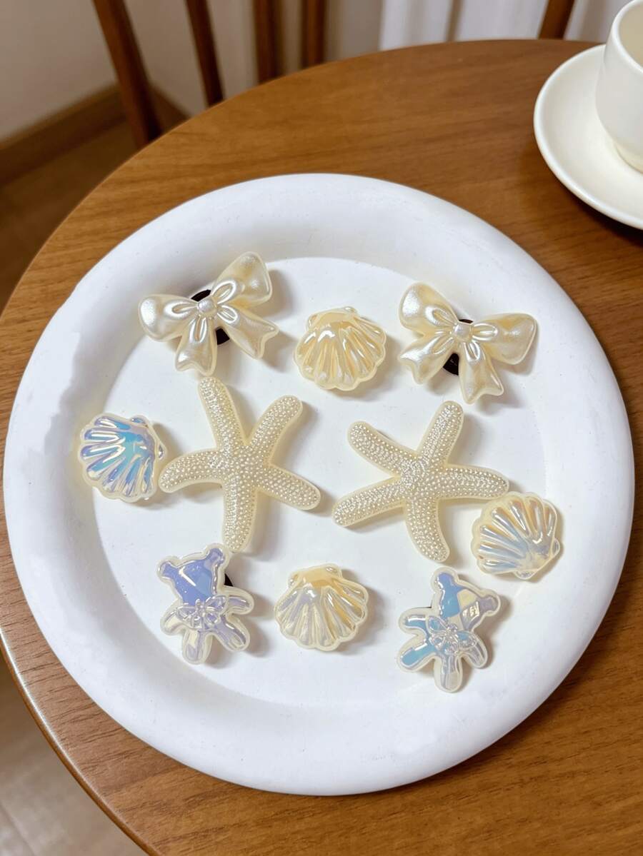 20件米色鞋飾(海星、花朵、貝殼、蝴蝶結)適用於打孔拖鞋DIY裝飾配件,完美搭配單品,生日、節日、派對禮物首選 - 米色10pcs - 查看 1