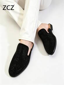 ZCZ Mocasines tipo mule de cuero para hombre, medias zapatillas negras sin cordones, zapatos planos minimalistas clásicos con punta puntiaguda y decoración de strass, adecuados para oficina/uso casual, todas las estaciones - Negro - Ver 12