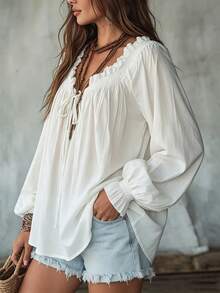 Vacation Style Solid Color Pullover Plus Size Top, Collar Pleated Lantern Long Sleeve Plus Size Women's Top White - White - View 3
