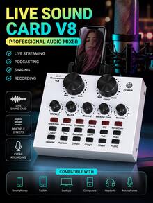 V8 - 直播音訊卡，卡拉OK錄音與廣播音訊混音器 - USB 外接音訊卡適用於直播、KTV、錄音和語音聊天 - 均碼 - 查看 1
