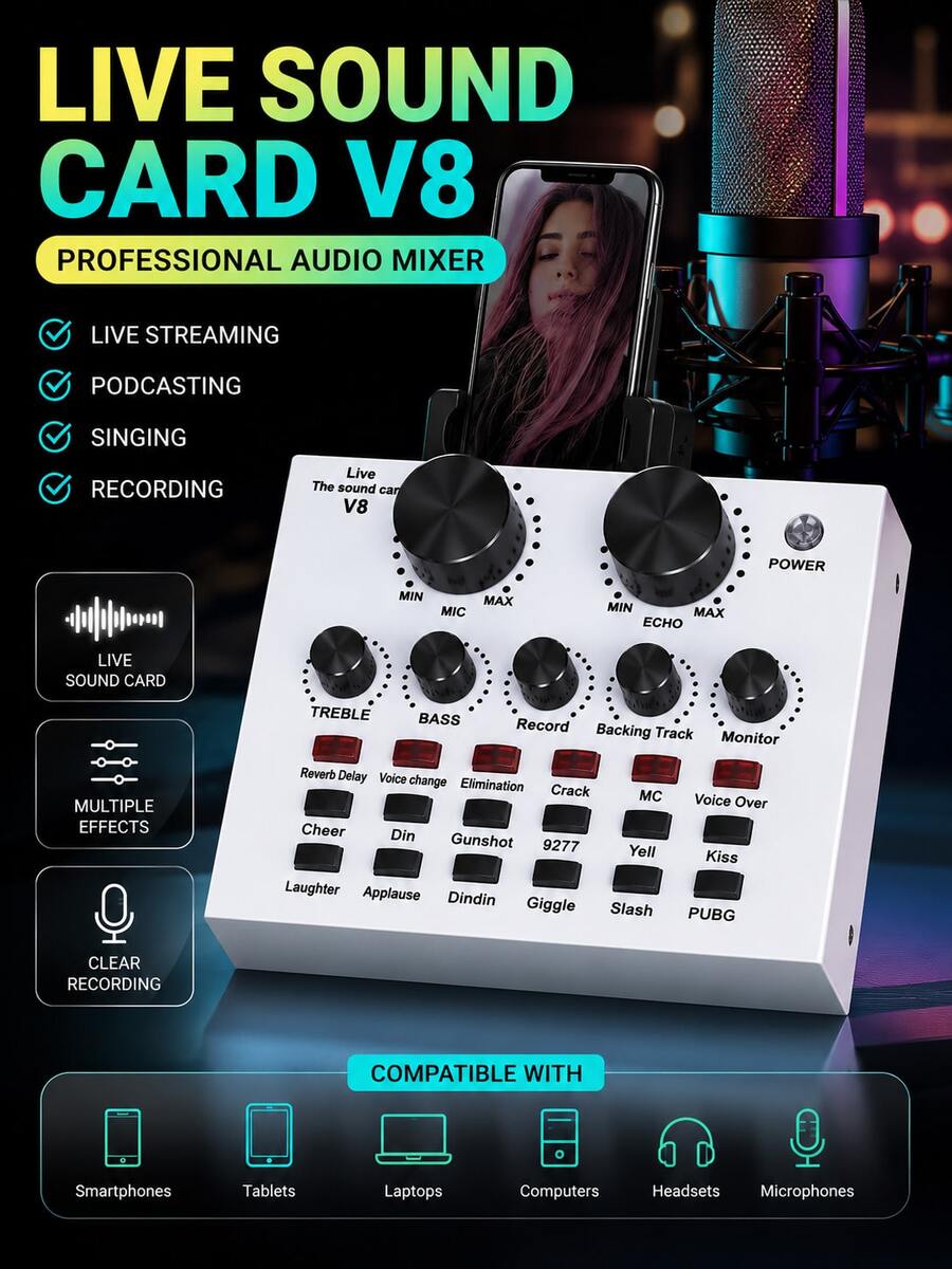 V8 - 直播音訊卡,卡拉OK錄音與廣播音訊混音器 - USB 外接音訊卡適用於直播、KTV、錄音和語音聊天 - 均碼 - 查看 1