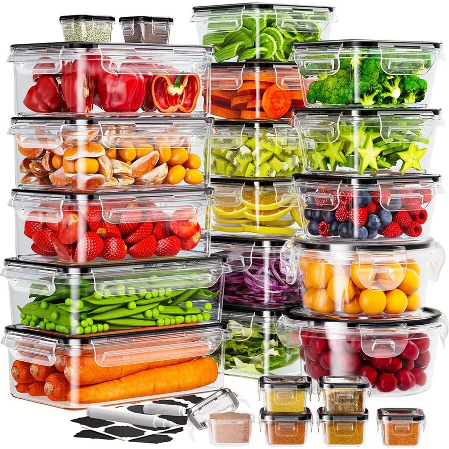 GHQ 12/24/48/50pc Large Capacity Sealed Food Storage Container With Lid (12/24/48 Containers And 12/24/48 Lids), Plastic Storage And Meal Preparation Container, Stackable, Tissue And Storage Kit, Lunch Container - 黑色 - 查看 1
