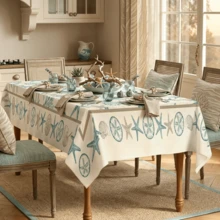1/4/5/6/7pcs Light Blue Ocean Shell & Starfish Pattern Printed Chair Covers/Chair Slipcovers Set, Suitable For Indoor Home, Restaurant, Hotel, Ideal For Modern Daily Decoration. Tablecloth Fits Square Dining Table, Elastic Chair Covers Are Washable. - Multicolor - View 3