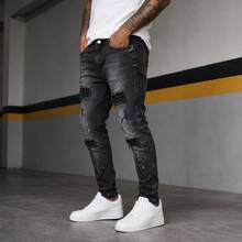 Men's Skinny Black Soccer Player Jeans With Elastane, Featuring A Distressed Effect, Rips, And Paint Splatters. Basic Fit. - Jogador/01 - View 5