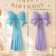 2pcs/Set Foil Bow-Shaped Tassel Ribbon Balloons, Bow-Shaped Tassel Ribbon Design, Suitable For Wall Hanging, Photo Backdrop Decoration And Other Decorative Scenes. Various Balloon Styles, Suitable For Birthday Parties, Bachelor Parties, Weddings And Gender Reveal Parties And Other Indoor Decoration Occasions. - Two Conjoined Bow Tassels - View 3