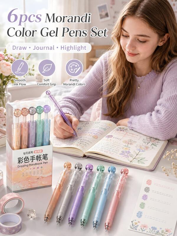 6pcs Morandi Color Gel Pens Set, Retractable Quick-Dry Colored Ink Pens With Gem Top, Smooth Writing & Comfortable Grip For Journaling, Drawing, DIY Scrapbook, Study Notes, Marking, Students School Supplies