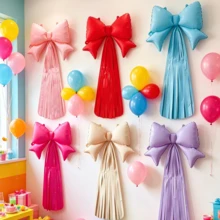 2pcs/Set Foil Bow-Shaped Tassel Ribbon Balloons, Bow-Shaped Tassel Ribbon Design, Suitable For Wall Hanging, Photo Backdrop Decoration And Other Decorative Scenes. Various Balloon Styles, Suitable For Birthday Parties, Bachelor Parties, Weddings And Gender Reveal Parties And Other Indoor Decoration Occasions. - Two Conjoined Bow Tassels - View 1